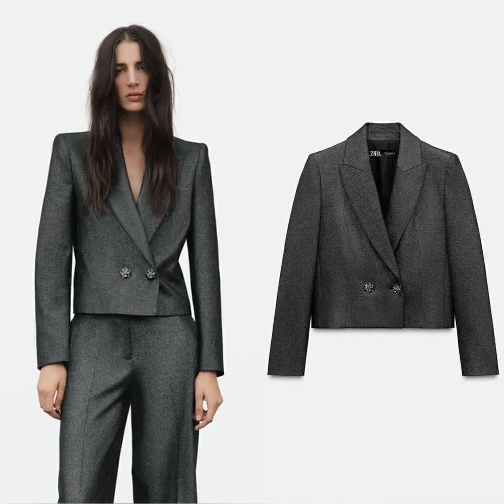 NWT Zara Grey Crop Blazer Short Shiny Size XS